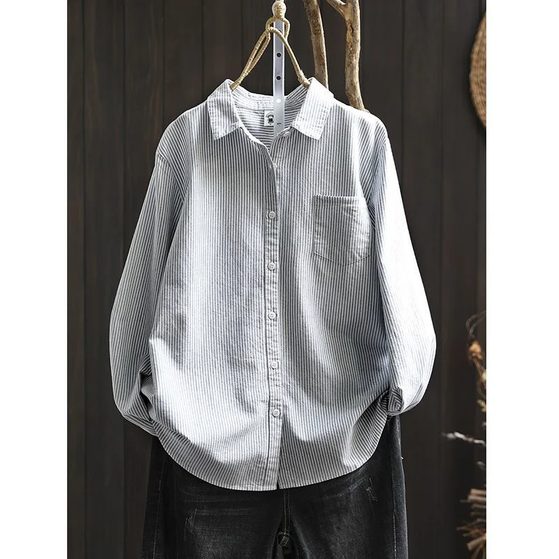 

Карманная женская рубашка с длинными рукавами в вертикальную полоску, свободный повседневный и универсальный базовый топ