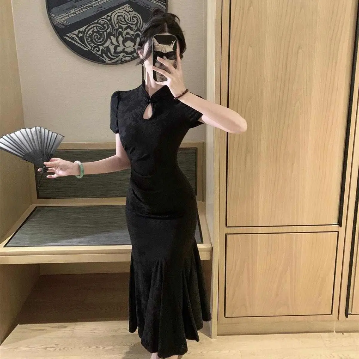 Elegant New Chinese Style Chinese Style Black Dark Flower Cheongsam with Buckle Design Waist Fishtail Dress Long Dress