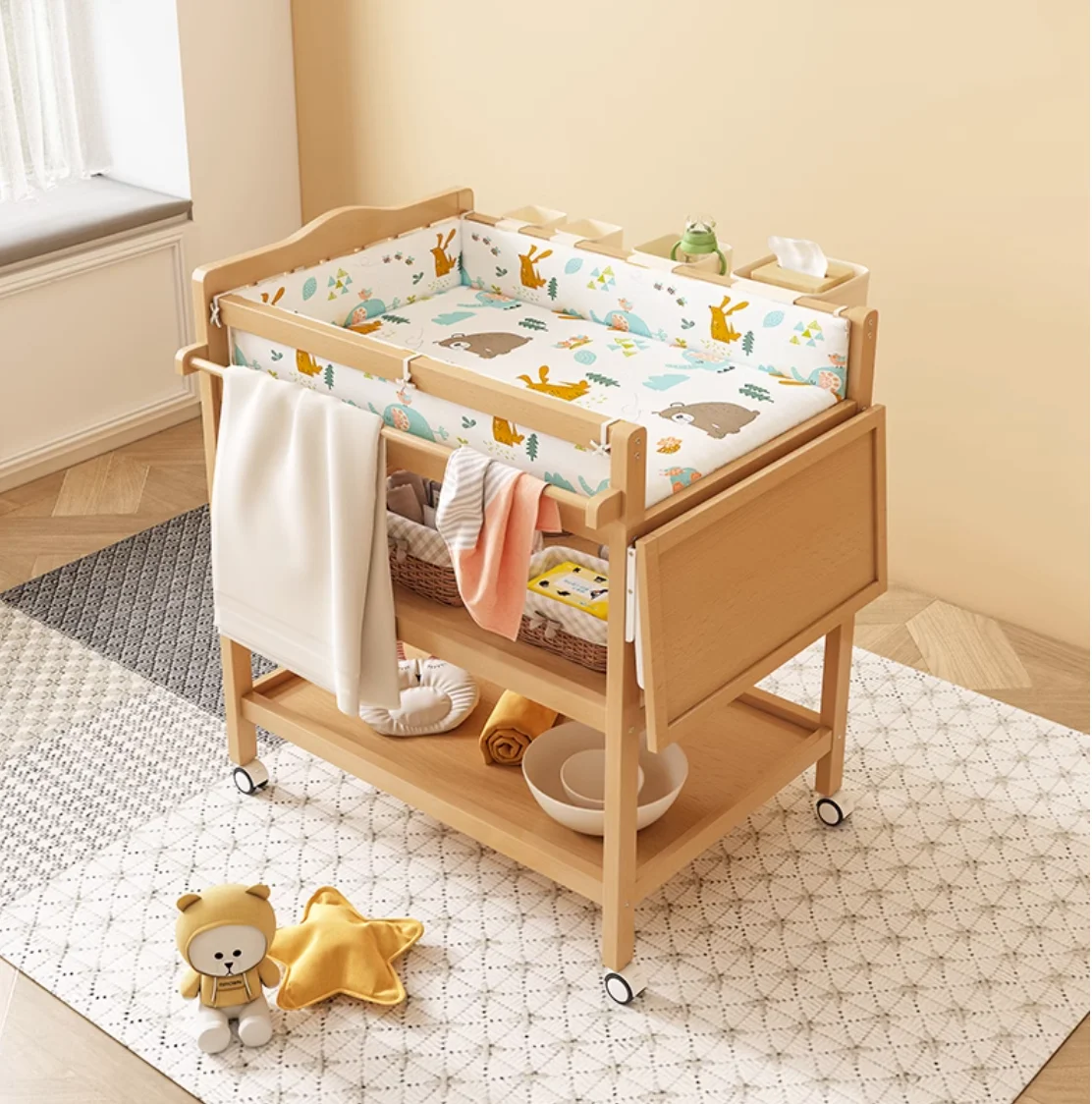 Cambiador de madera maciza para el cuidado del bebé, mesa táctil de prensa móvil, cambiador multifuncional para bebés recién nacidos