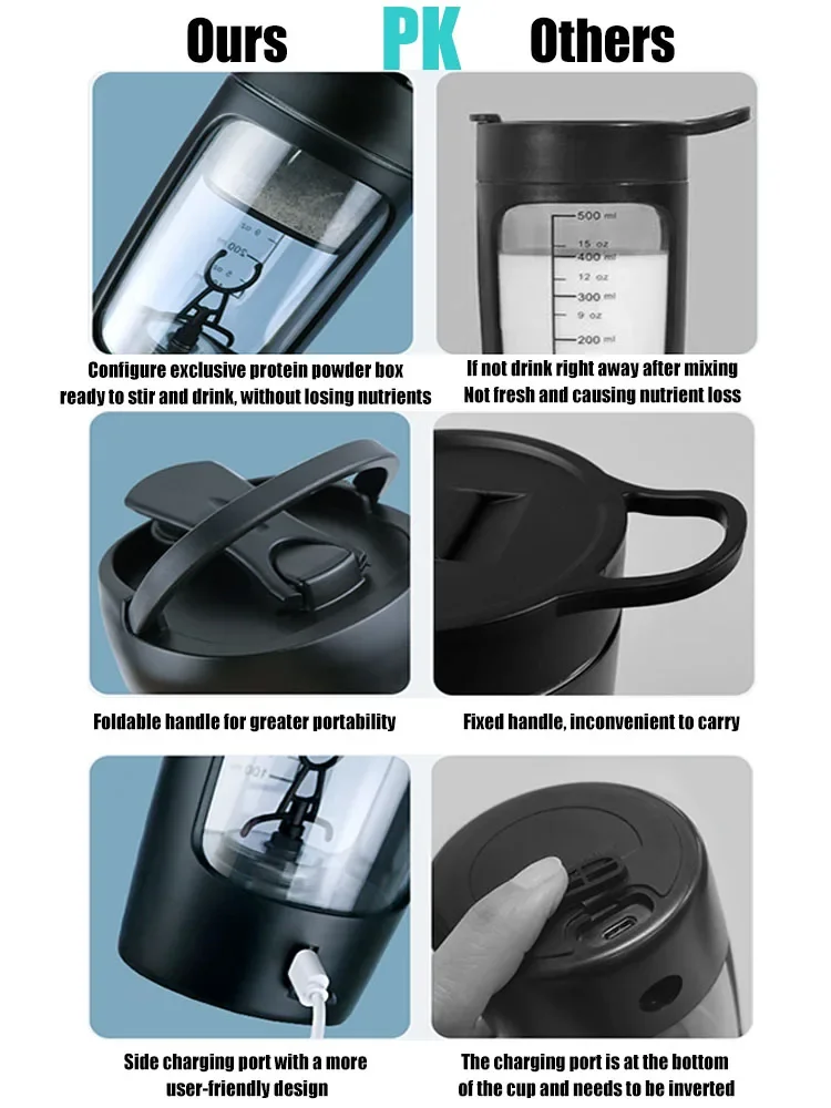 630ml Electric Protein Shaker Cup with Powder Storage Container Mixer Cup Gym Sport Water Bottles with Wire Whisk Ball Drinkware