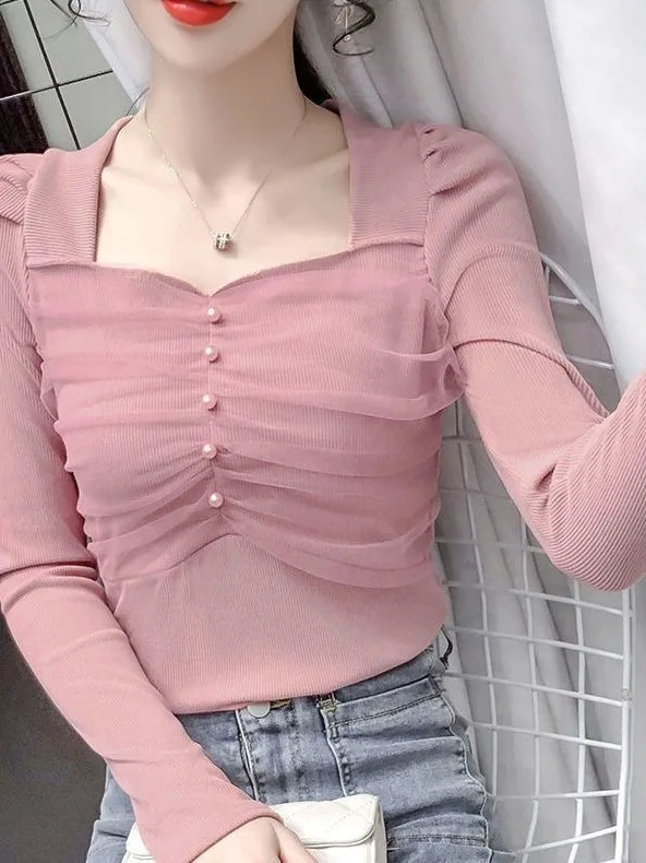 

Slim Fit Long Sve T-irt Women's Base irt Square Collar Bone Exposure Me Patchwork Korean Sle Commute Sle