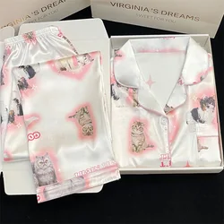 Conjunto de pijamas de seda sintética para Mujer, ropa de dormir de satén, de manga larga, con estampado de gato, para primavera y otoño, 2 piezas