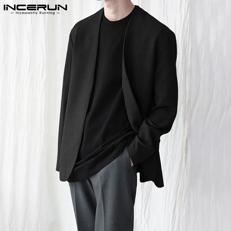 INCERUN 2024 Men Shirt Solid Color V Neck Open Stitch Long Sleeve Casual Men Clothing Streetwear Fashion Leisure Outerwear S-5XL