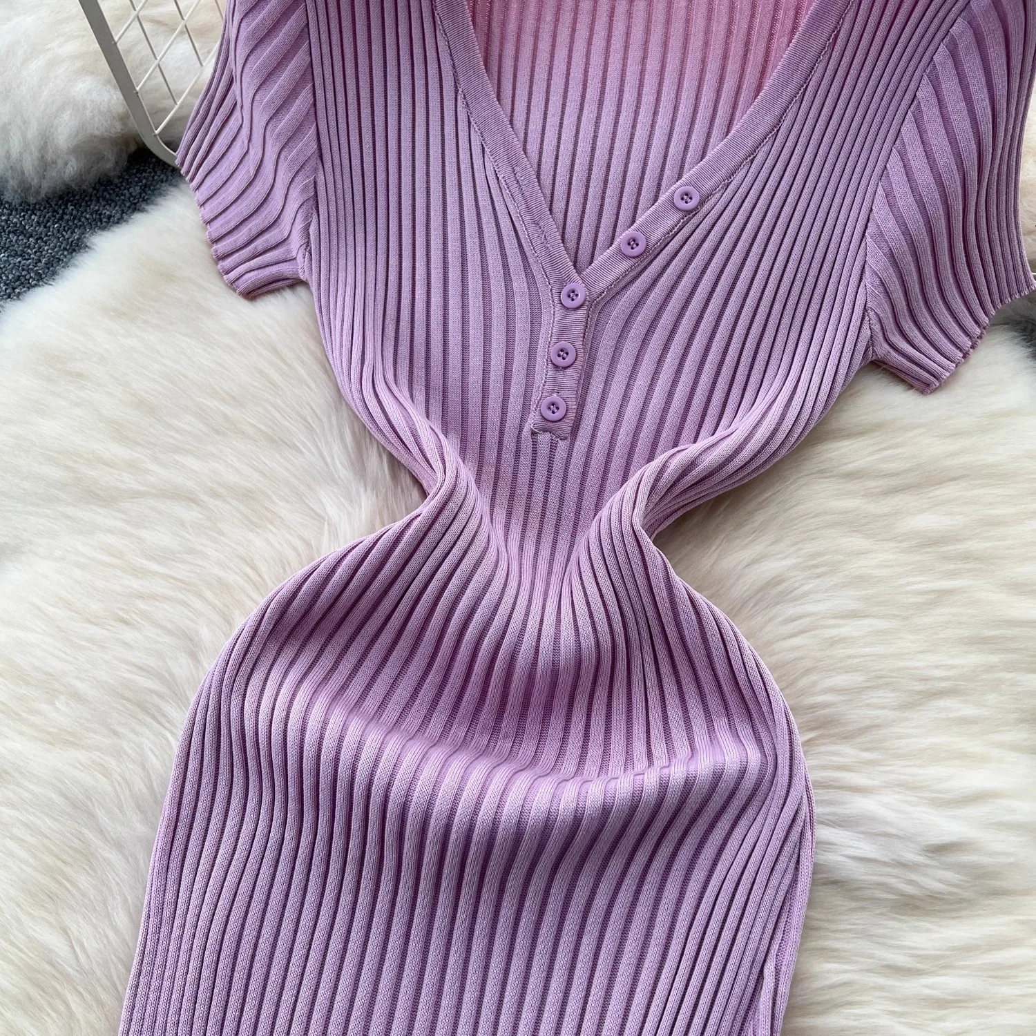 YuooMuoo Chic Fashion V-neck Brilliant Knitted Summer Dress Women Slim Elastic Sexy Package Hips Bodycon Dress Streetwear Outfit