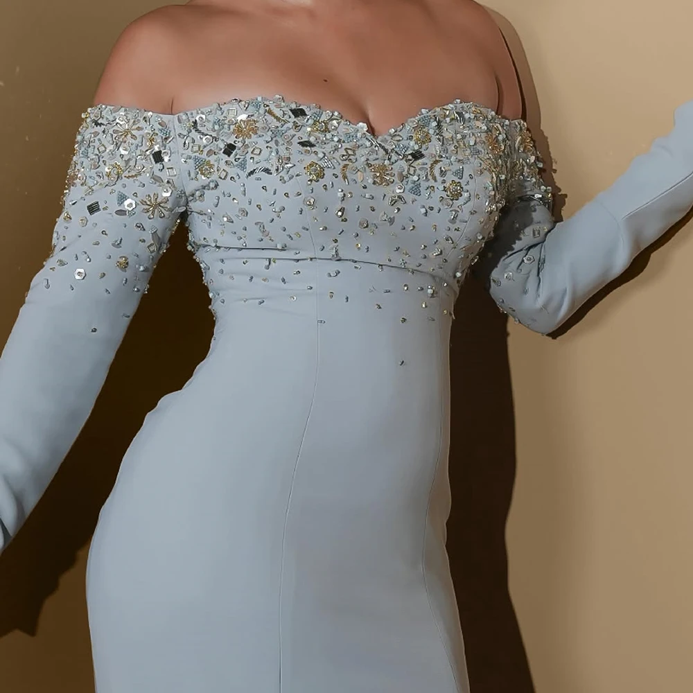 Elegantes schulterfreies Abendkleid mit Kristall-Pailletten, langen Ärmeln, Abendkleid, Meerjungfrau, bodenlang, formelles Partykleid, individuell gestaltet