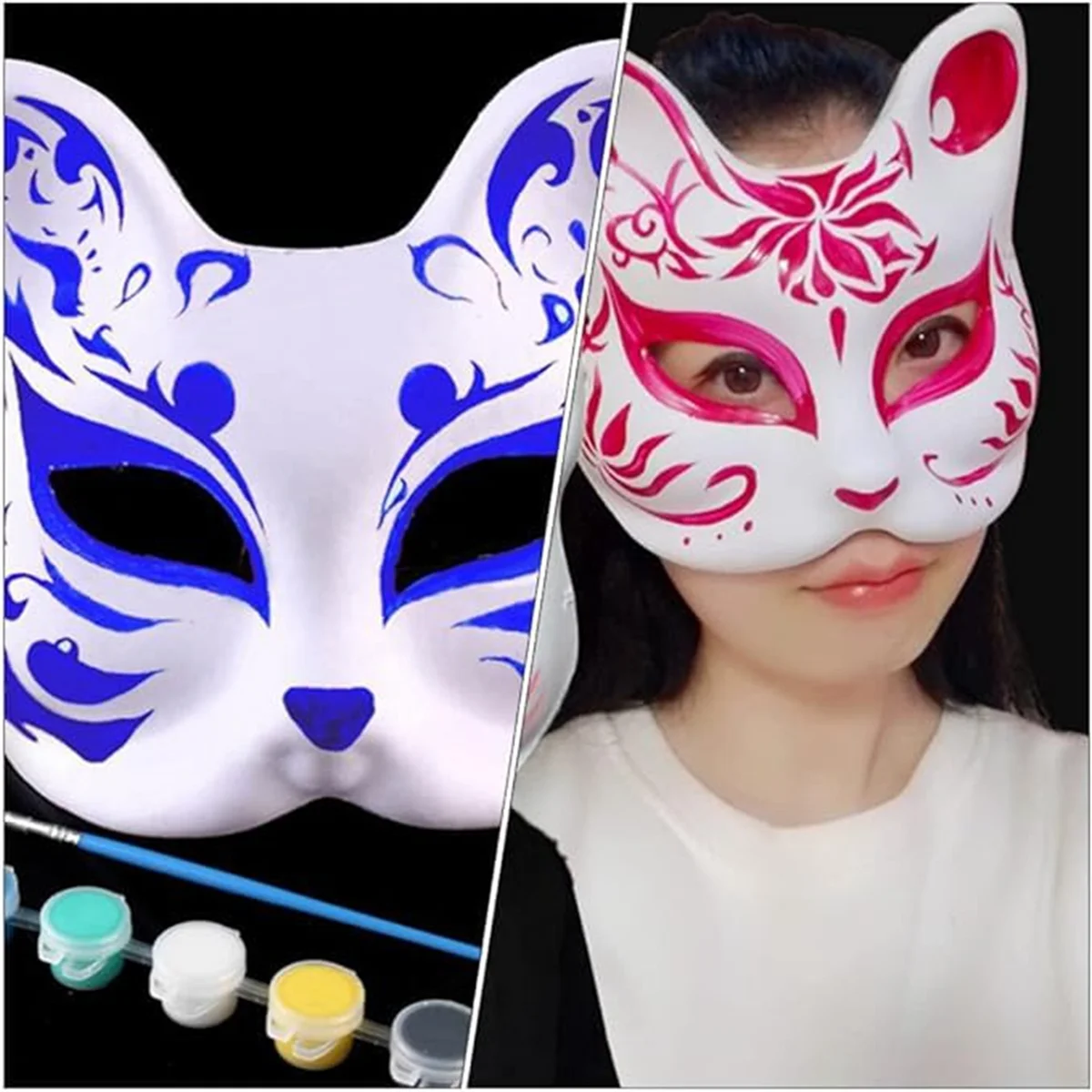 15pcs DIY White Paper Cat Masks with Acrylic Paints - Hand-Painted Personalized Masks for Dance Parties,Celebrations