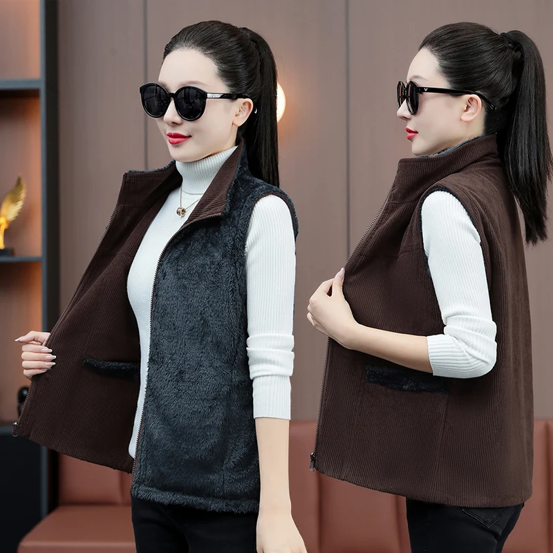 New Autumn Winter Fashion Stand Up Collar Versatile Corduroy Double-Sided Vest For Women With Plush And Thickened Warm Vest Coat