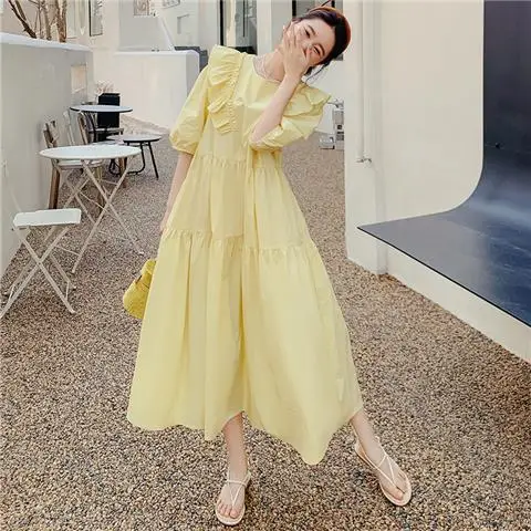 Summer Korean Pleated Solid Color O-neck Puff Sleeve Midi Dress Femme Sweet Patchwork Loose Casual Dresses Women Clothing Dress