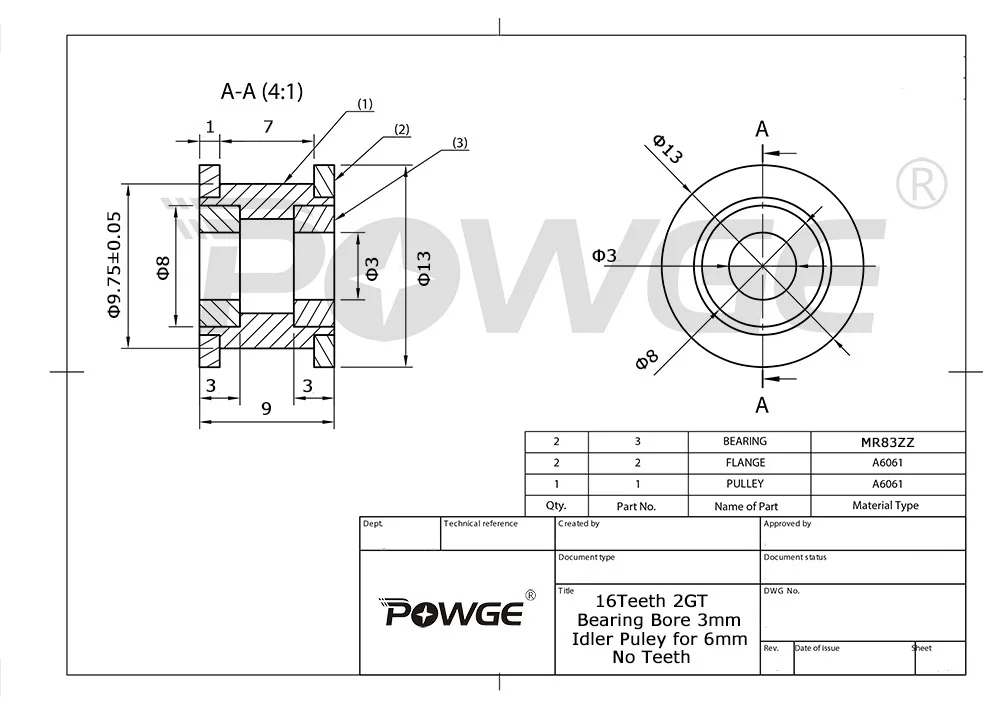 POWGE 2GT 2M 16 Teeth synchronous Idler Pulley Bore 3mm with Bearing for Width 6MM GT2 Timing belt Passive Wheel 16T 16teeth