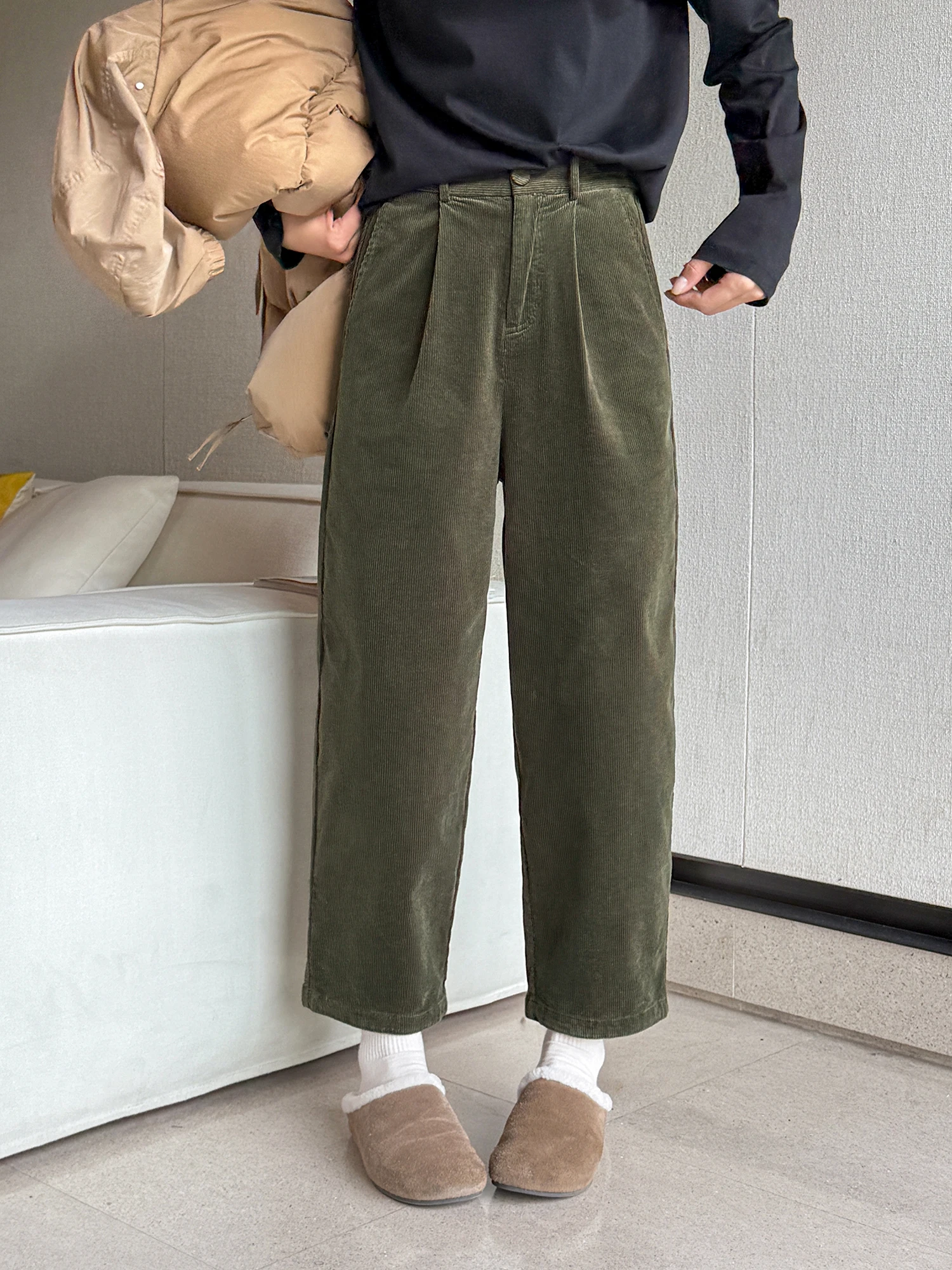 

Vintage Corduroy Pants Women's Straight Leg Nine-Tenths Treasure Hunt Casual Pants Cotton Elastic Fiber Zipper l Waist