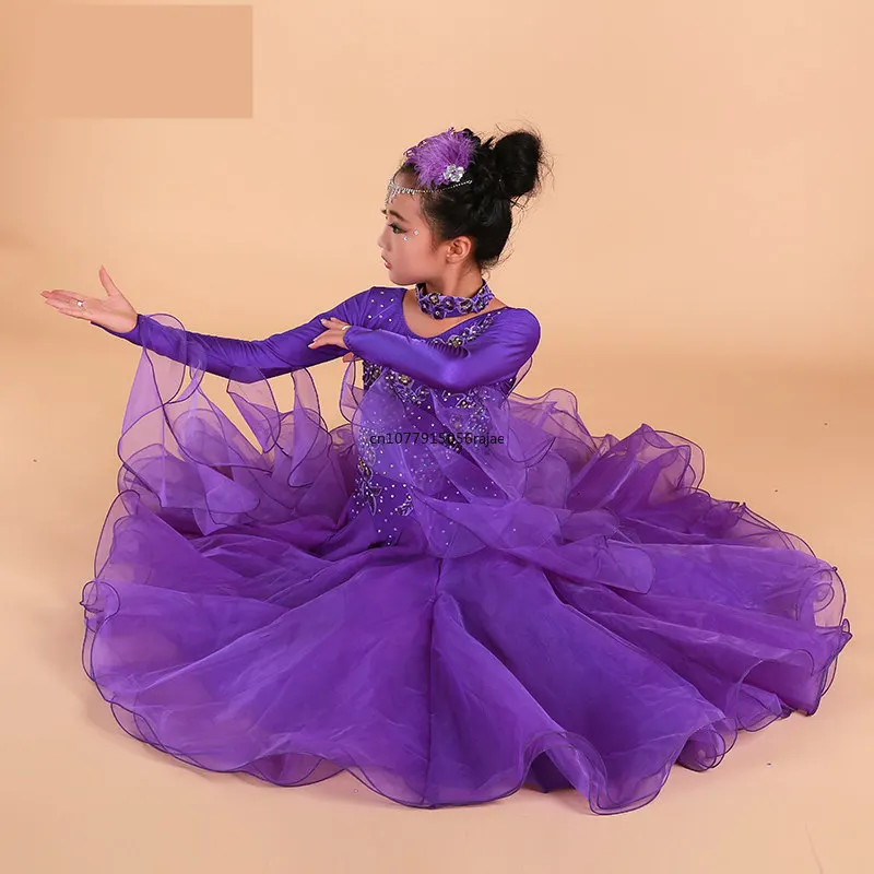 Girls Embroidery Pendulum Standard Ballroom Dance Dress Children Tango Flamenco Waltz Dance Competition Dress