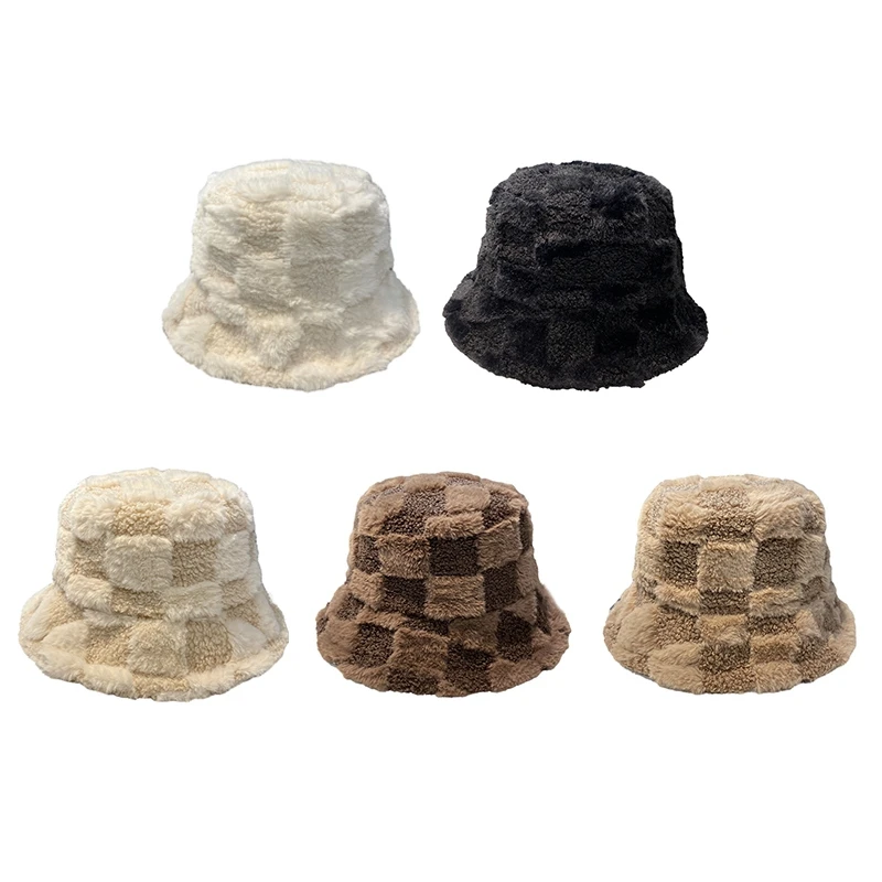 Hot AD-Checkered Bucket Hat Plush Adjustable Bucket Hat Furry Warm Fisherman Hat For Men & Women For Winter & Spring