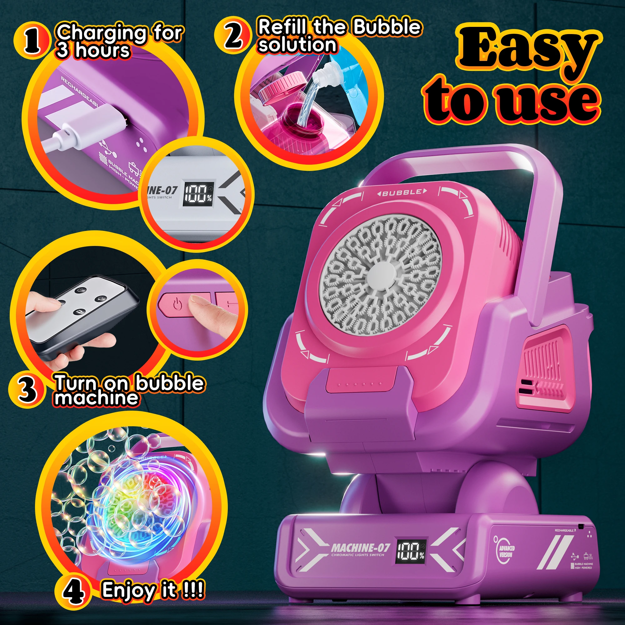 2025 Verbesserte Seifenblasenmaschine mit Fernbedienung, automatischer Drehung und RGB-Leuchten, 1800-mAh-Akku, Typ-C-Aufladung,