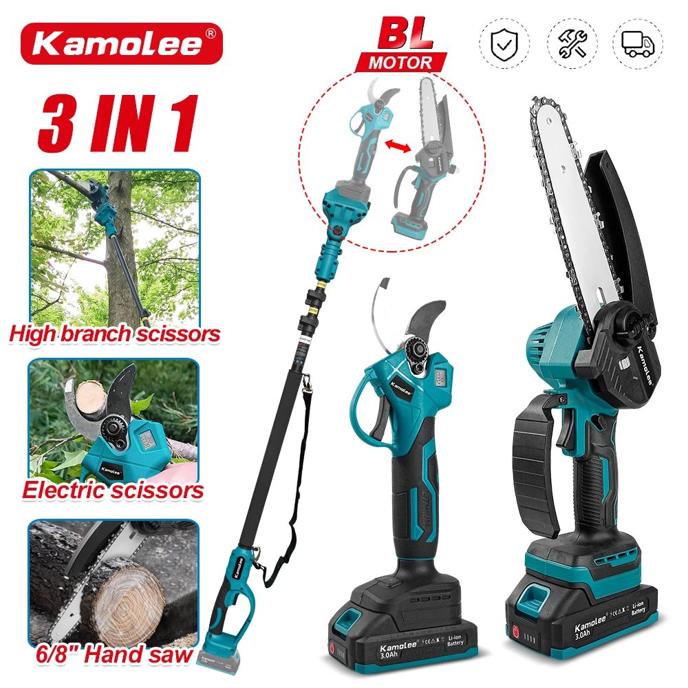 Kamolee 3 IN 1 Bürstenloser Teleskopstange 6/8 Zoll Elektrische Kettensäge Hohe Zweigschere Gartenarbeit Elektrowerkzeug für 21 V 18 V Batterie