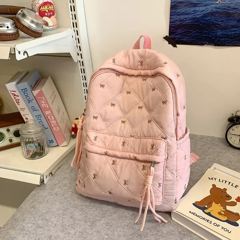 Bow Embroidery Backpack Lightweight Durable Large Capacity Casual School Backpack Middle School Students Daily Travel Use