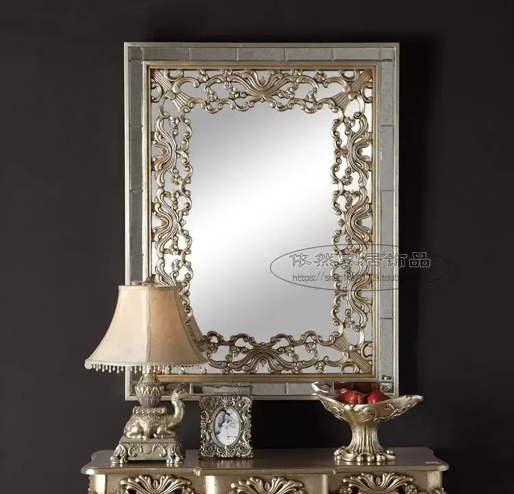 

Light luxuryEuropean square wood carving antique wall decorative mirror entrance art background decoration fireplace hangi