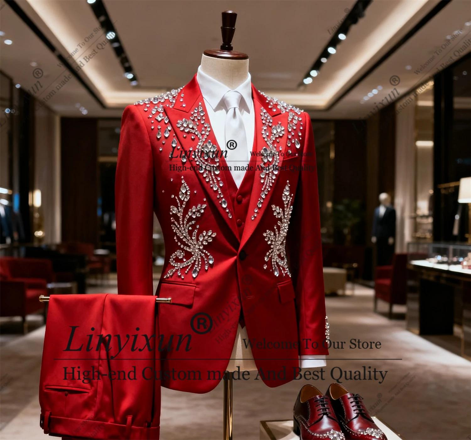 The Latest Design Ornament Diamonds Men Suits 2 Piece Groom Male Blazers Party Costume Homme Customized Slim Fit Wedding Tuxedos