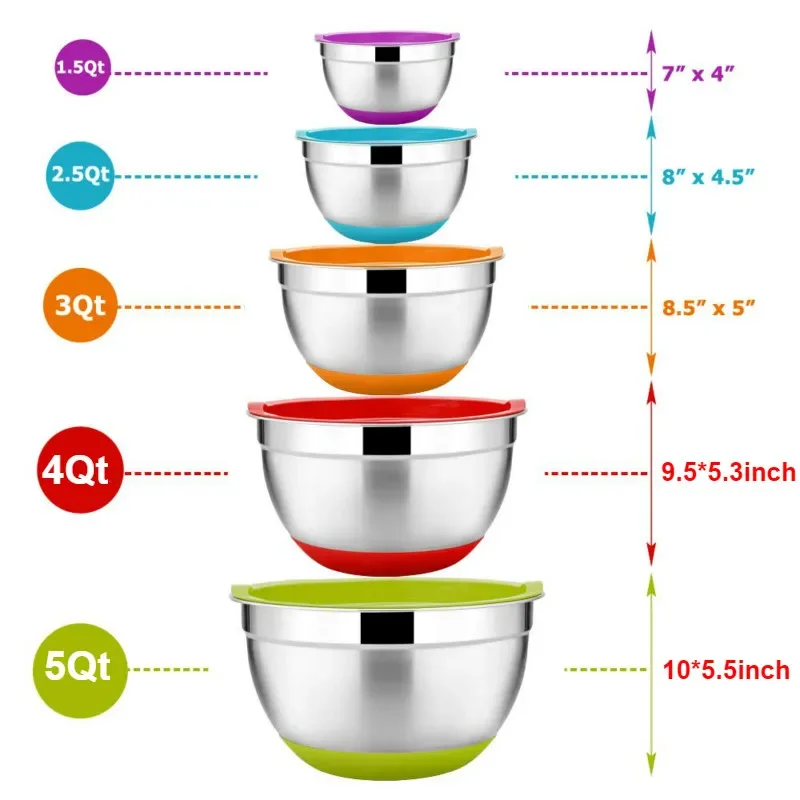 Cuencos de mezcla de acero inoxidable, cuencos de anidación de Metal con tapas herméticas de colores, Fondos antideslizantes de