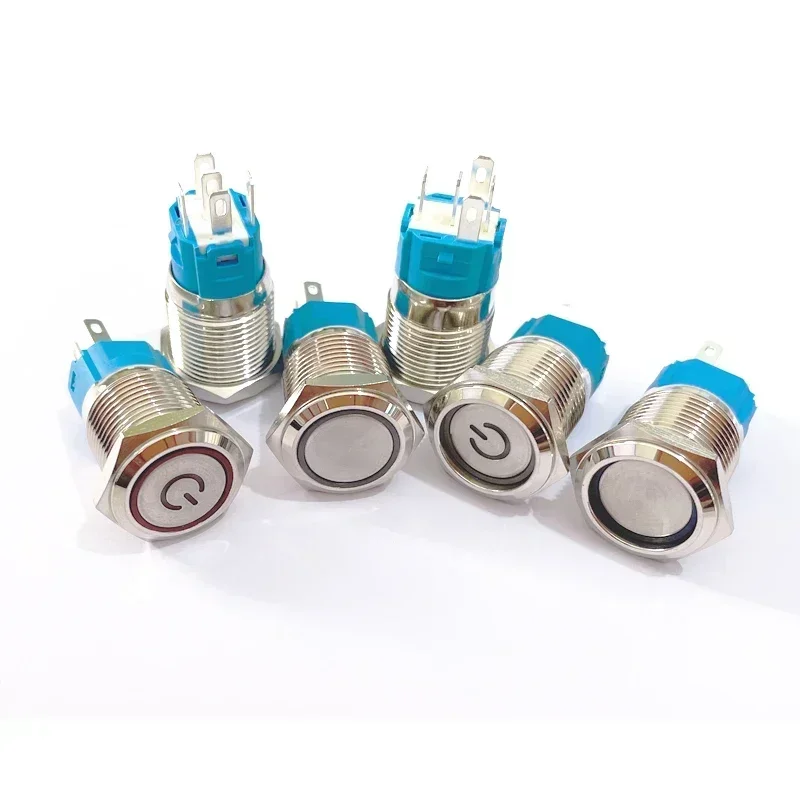 6pc 12/16/19/22mm Waterproof Metal Push Button Switch LED Light Momentary Latching Car Engine Power  5V 12V 24V 220V Blue