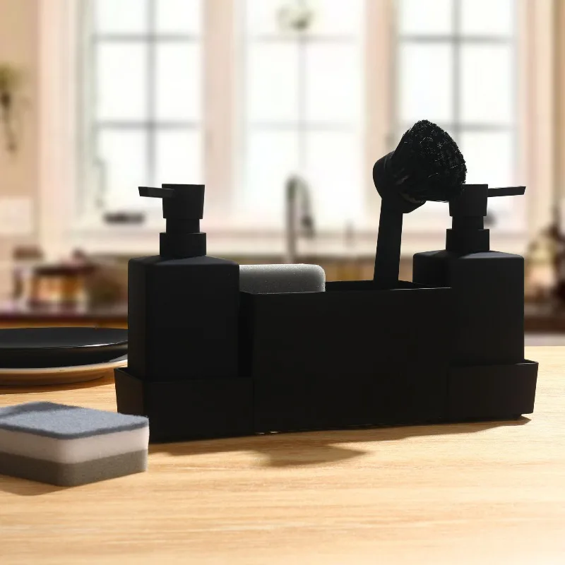 Kitchen Soap Dispenser with Sponge Holder Set for Sink Caddy for Hand Washing and Dishwashing Bottle with Tray Brush Matte Black