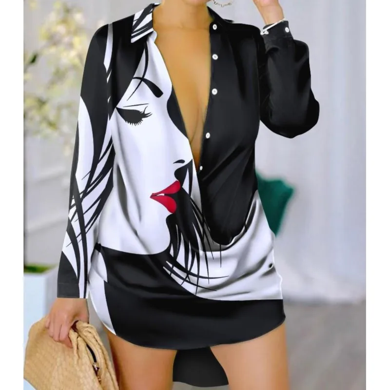 New Sexy V-neck Button Patchwork Shirt Dress For Women\'s Spring/summer Fashionable Printed Long Sleeved Mini Dress Ropa De Mujer