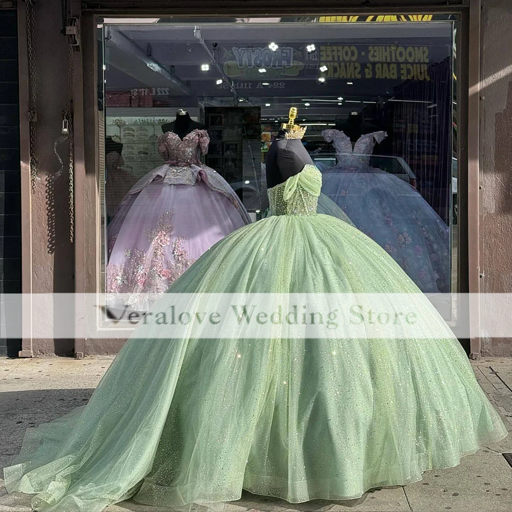 Quincienara-vestido verde brillante con hombros descubiertos para baile De graduación, 15 Años, Quinceañeras