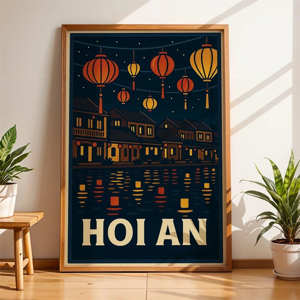 1pc frameless Canvas Painting Hoi An Cubist Travel Poster Vietnam Lantern Wall Art Asian Print Colorful Watercolor Travel Canvas