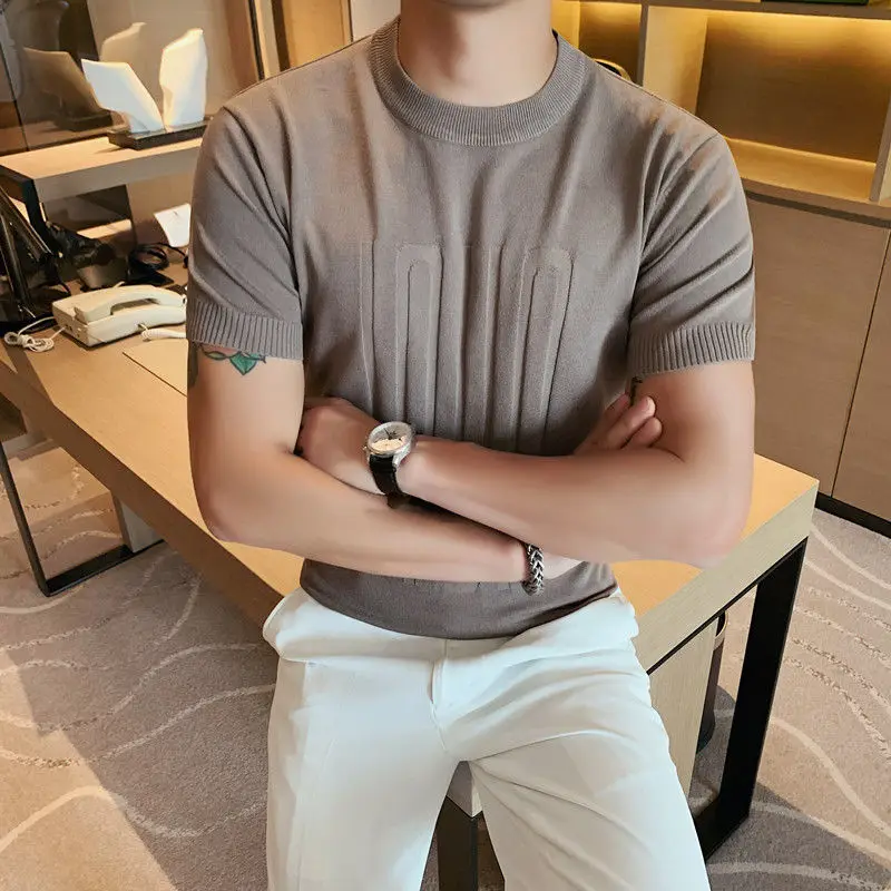 Knit T-shirt Spring Autumn Short-sleeved Sweater Men Tops Slim Trend Stretch Half Sleeve Casual Bottom Gangster Solid Tshirts