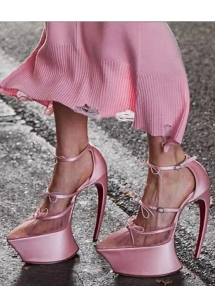 

Spring/Summer New Pointed Stiletto High Heels Thick Bottom Ballet Sandals Bow Fashion Show Wedding Party Women's High Heels