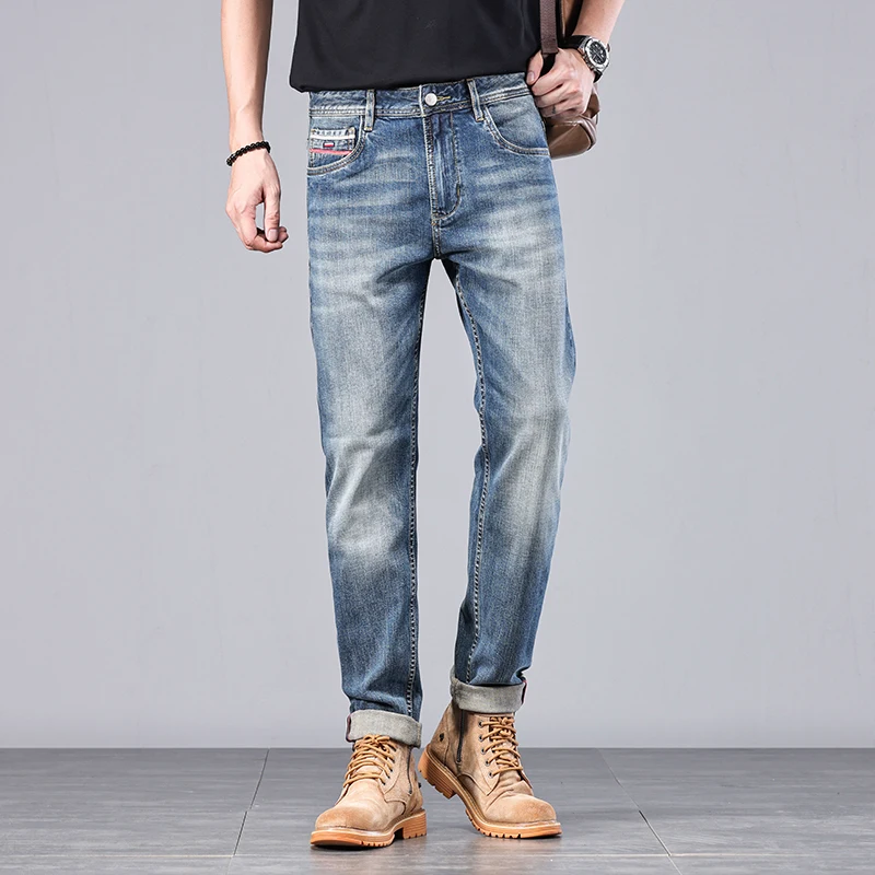 

Heavyweight Selvedge Jeans For Men Clothing Washed Denim Pants Straight High Quality Roll Up Retro Distressed Cargo Trousers