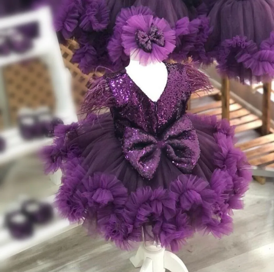 Purple Baby Girls Dress Sequined Top with Big Bow Princess Birthday Dress Kid Tutu Outfit Christmas Gift First Communion Gown