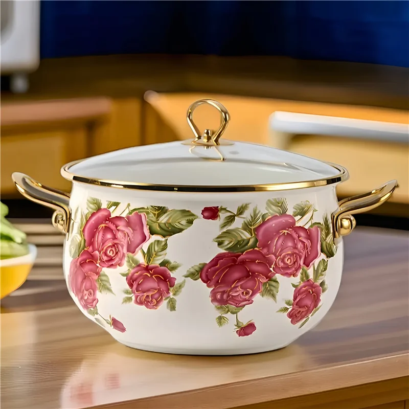 Enamel Pot Soup With Lid Red Rose Enamel Pot Double Handle Thick Household Kitchen Kitchenware Large Capacity Boutique Cookware