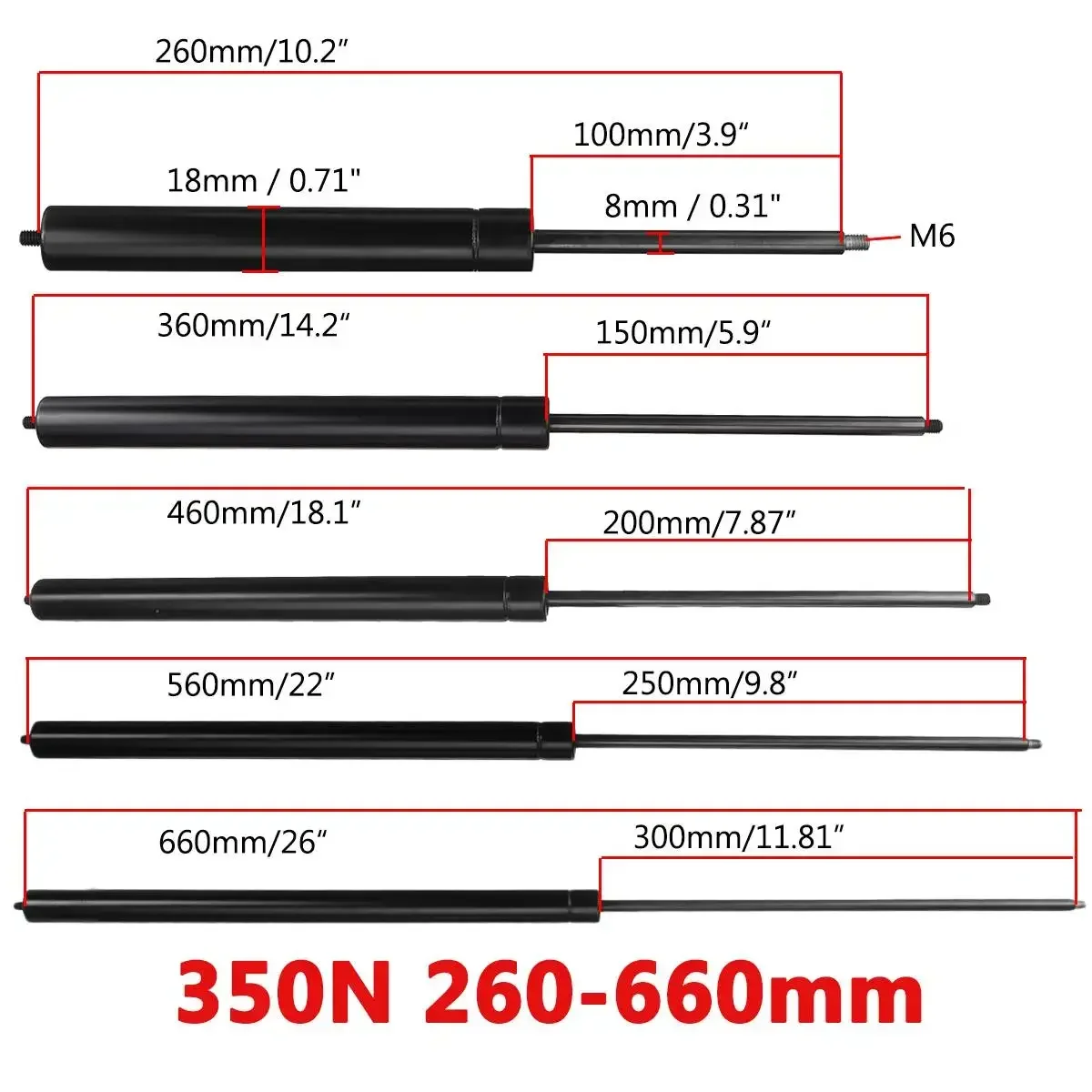 1pcs 350N 260-660mm 8mm Car Gas Strut Bars Gas Spring Hood Support Rod Shock Lift for RV Bed Window Bus Caravans