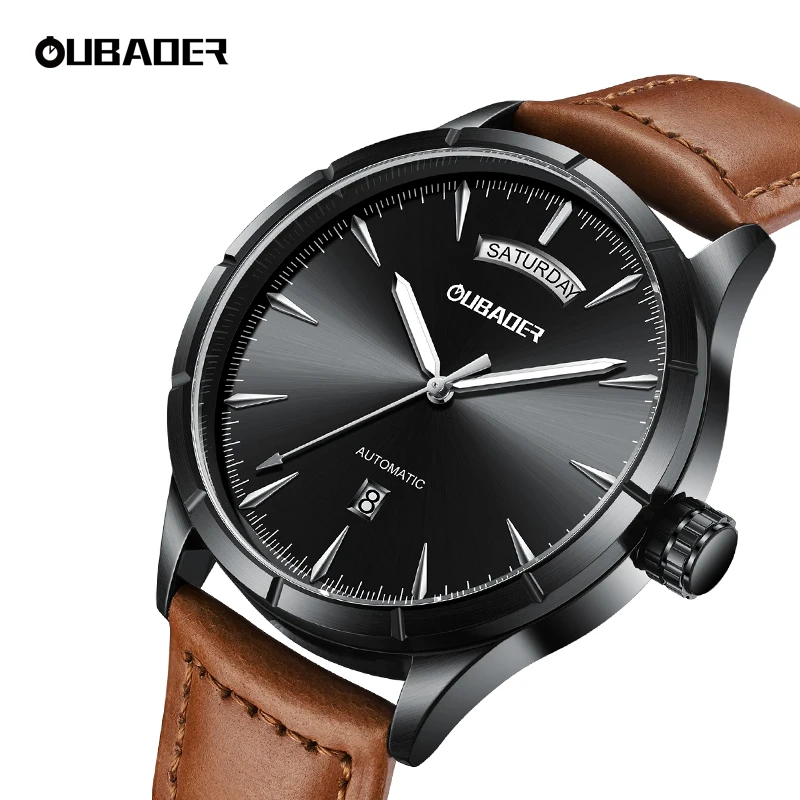 Imagem -06 - Oubaoer Militar Relógios Masculinos Automáticos Couro Dia Data Vestido Mecânico Relógio de Pulso à Prova Impermeável Água para Homens Exército Montre Homme