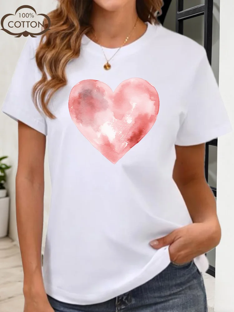 로맨틱 블러쉬 여성용 그래픽 티셔츠 100% 면 크루넥 반팔 티셔츠 캐주얼 여름 패셔너블 탑