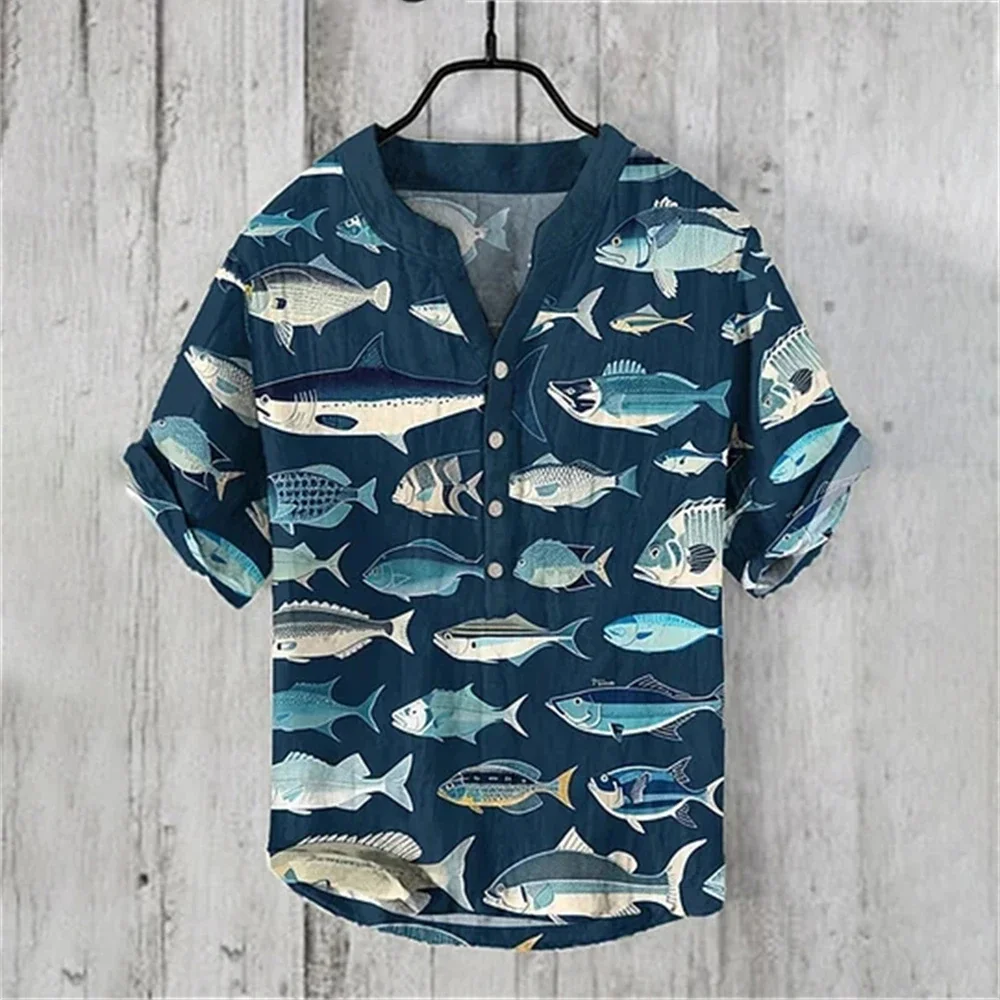 Men's Short Sleeve V-Neck Shirt Short Sleeve 3D Printed Linen Shirt Retro Fish Quality Comfortable Men's Breathable Quick Dry To
