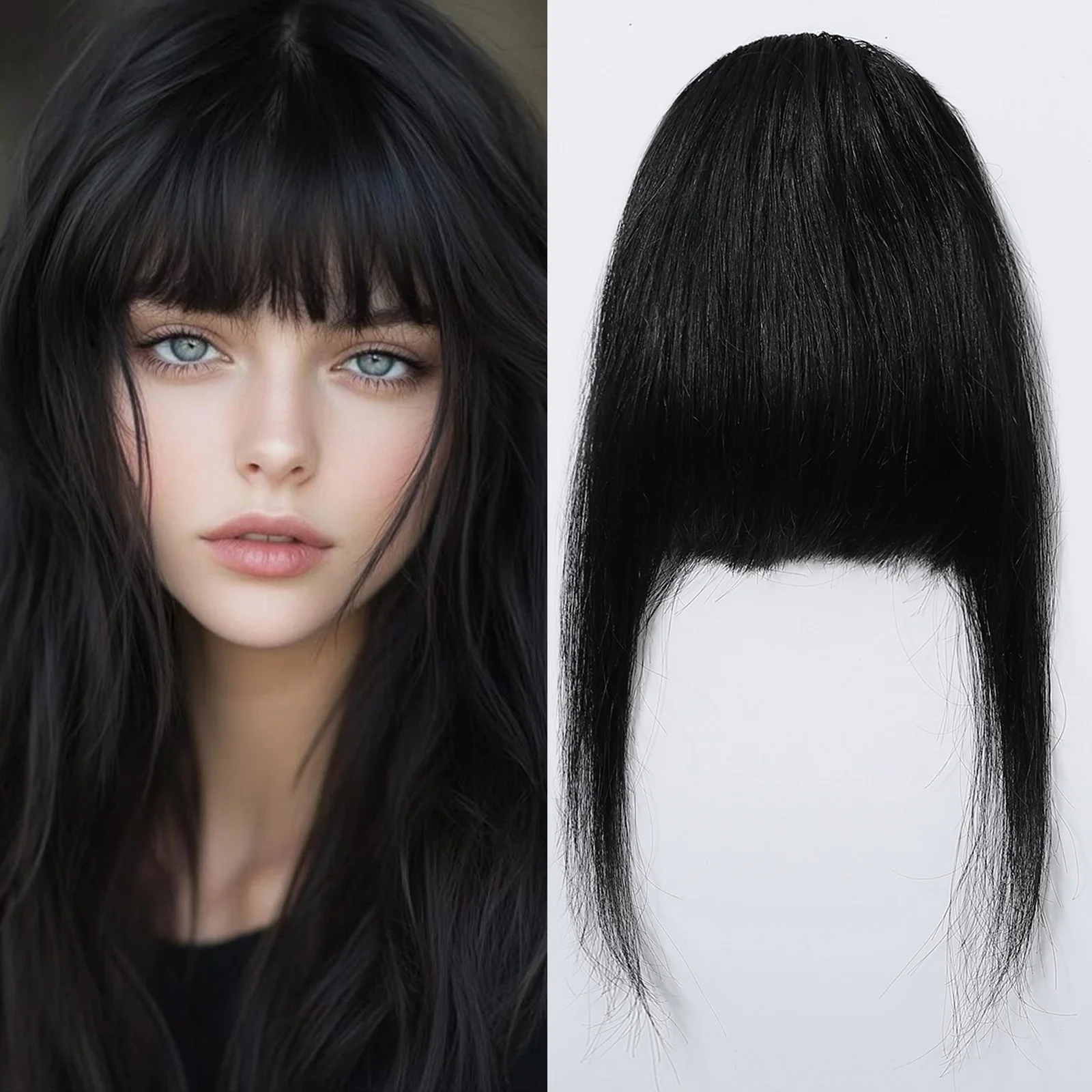100% Human Hair Bangs Natural Black Wispy Bang Hair Clip in Bangs Fringe with Temples Hairpiece for Women Clip on Air Bang 4.5in