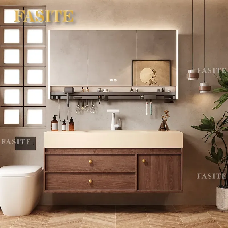 For Romantic Medieval Style Rock Slab Hot Bending Integrated Basin Bathroom Cabinet Solid Wood Combination Smart Hand Wash