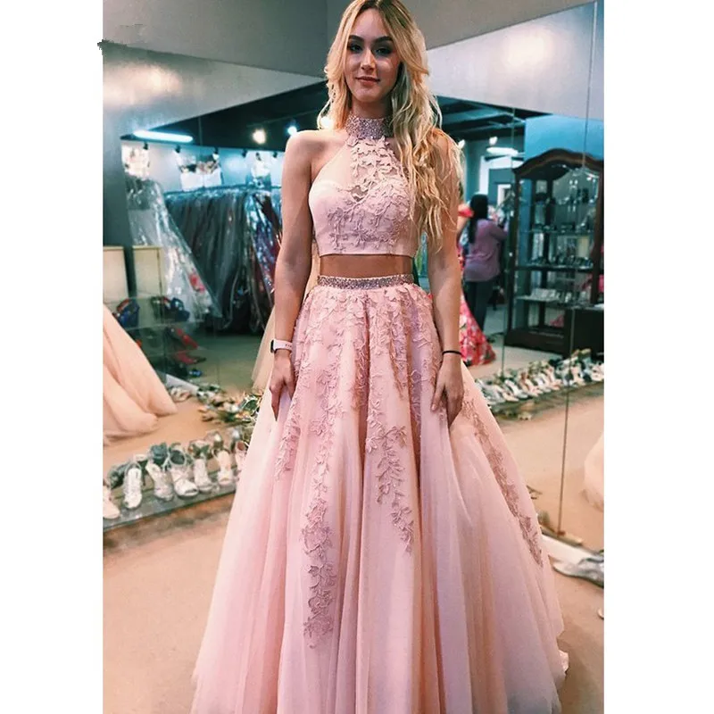 Robe de soirée longue en dentelle rose, ligne A, dos nu, col licou, tulle perlé, robe de Rh, robes de soirée, 2 pièces, 2023