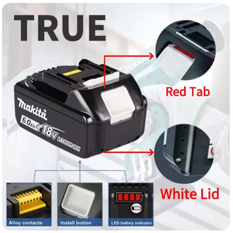 Batería de litio recargable MAKITA, cargador de enchufe europeo de 18V, indicador de capacidad de batería de 6000mAh para herramientas DDF487 DTD173 DTW700 DGA404