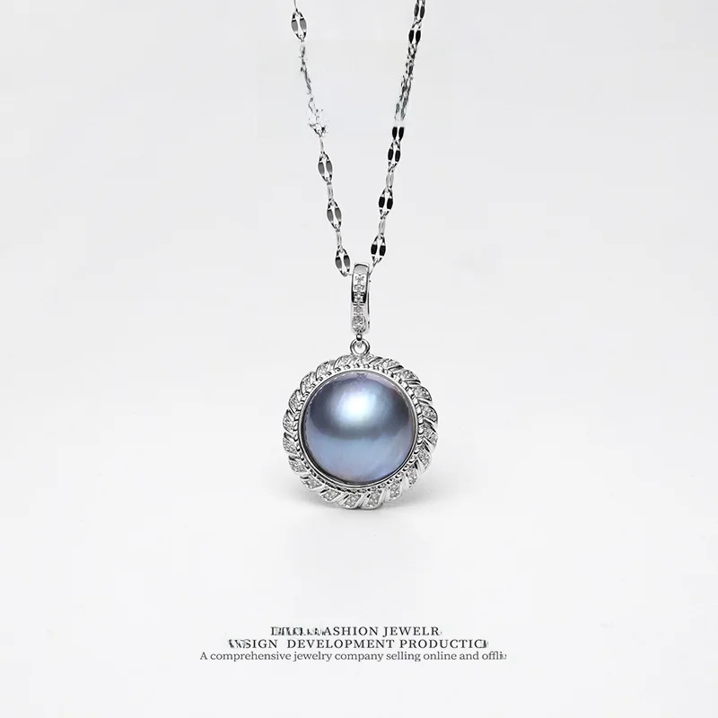 Collar con Colgante de Perla Mabe de Agua Salada Azul Estrellado Dara, Cierre Universal de 15-16 mm, Cadena para Clavícula