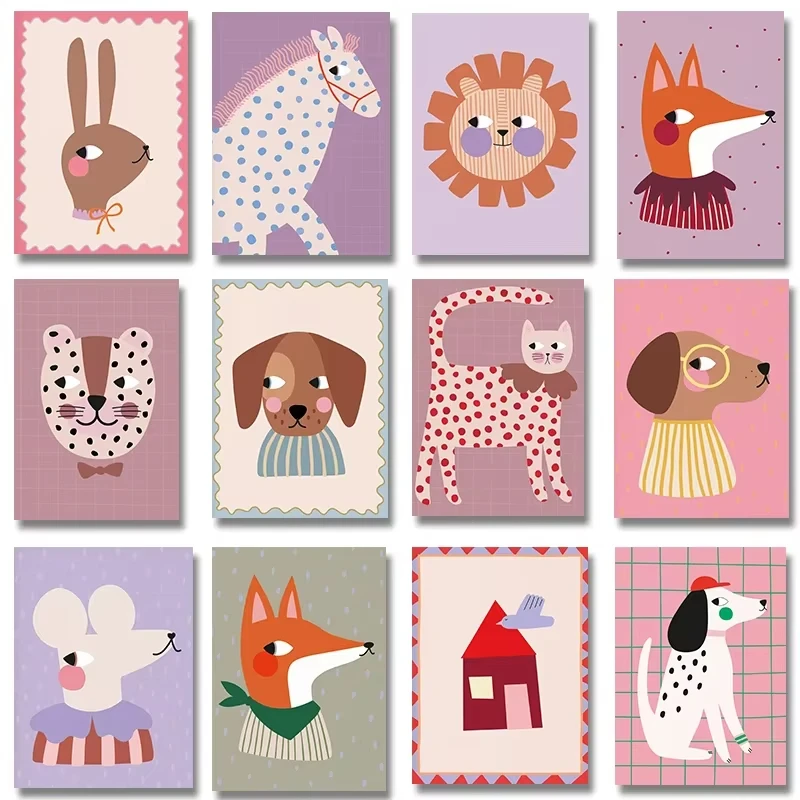 Cute Cat Fox Dog Horse Bunny Red Polka Dots Illustration Poster Canvas Painting Print for Kids Nursery Wall Home Decor Cuadros