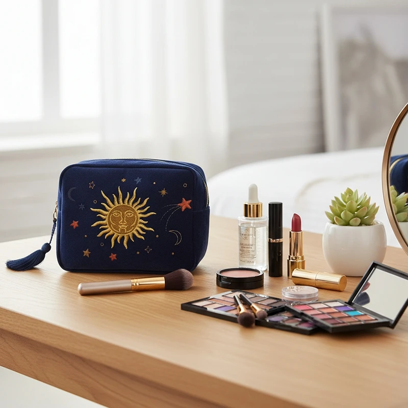 حقيبة مكياج محمولة مطبوعة برسوم كرتونية مخملية، منظم تخزين مستحضرات التجميل بسحاب، حقيبة غسيل للسفر، حقيبة مستحضرات التجميل