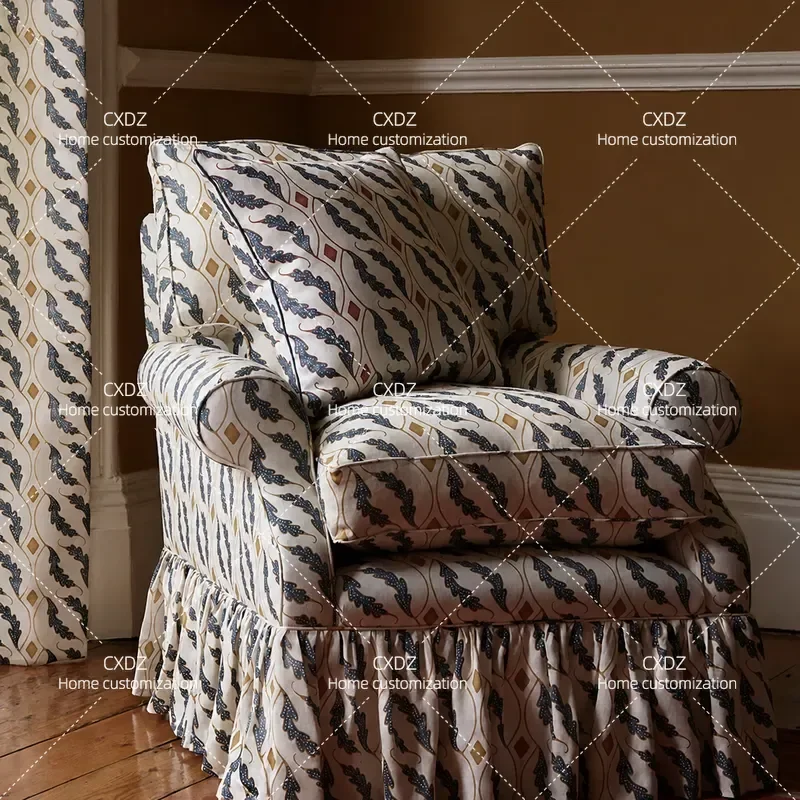 Printed Fabric Sofa Chair Solid Wood Single Seat Retro Living Room Bedroom Villa Casual Lazy Armchair for Home Furniture