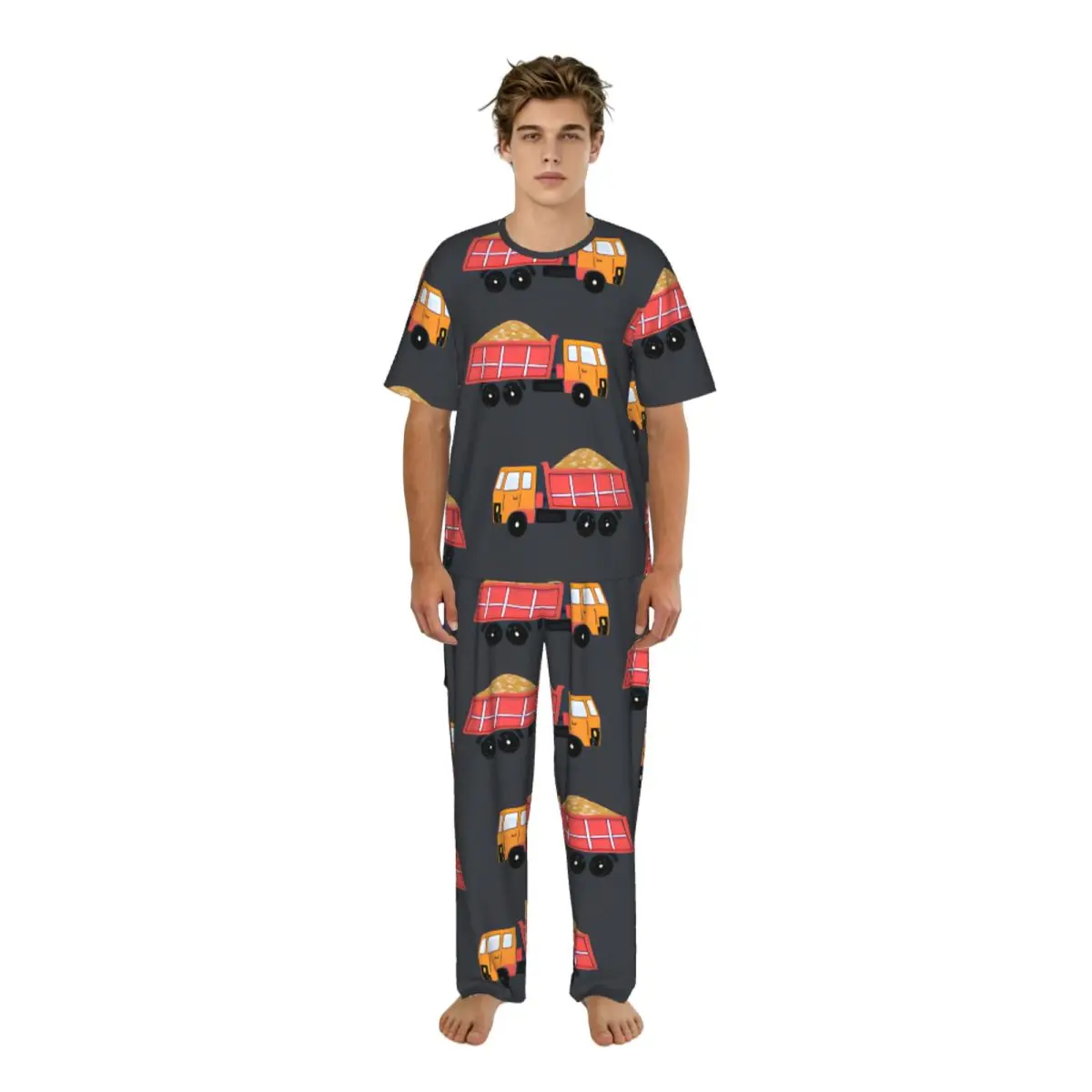 

Men Pajamas Suit Short Sleeved Long Pants Dump Trucks Illustration Sleepwear Summer Home Clothing Set