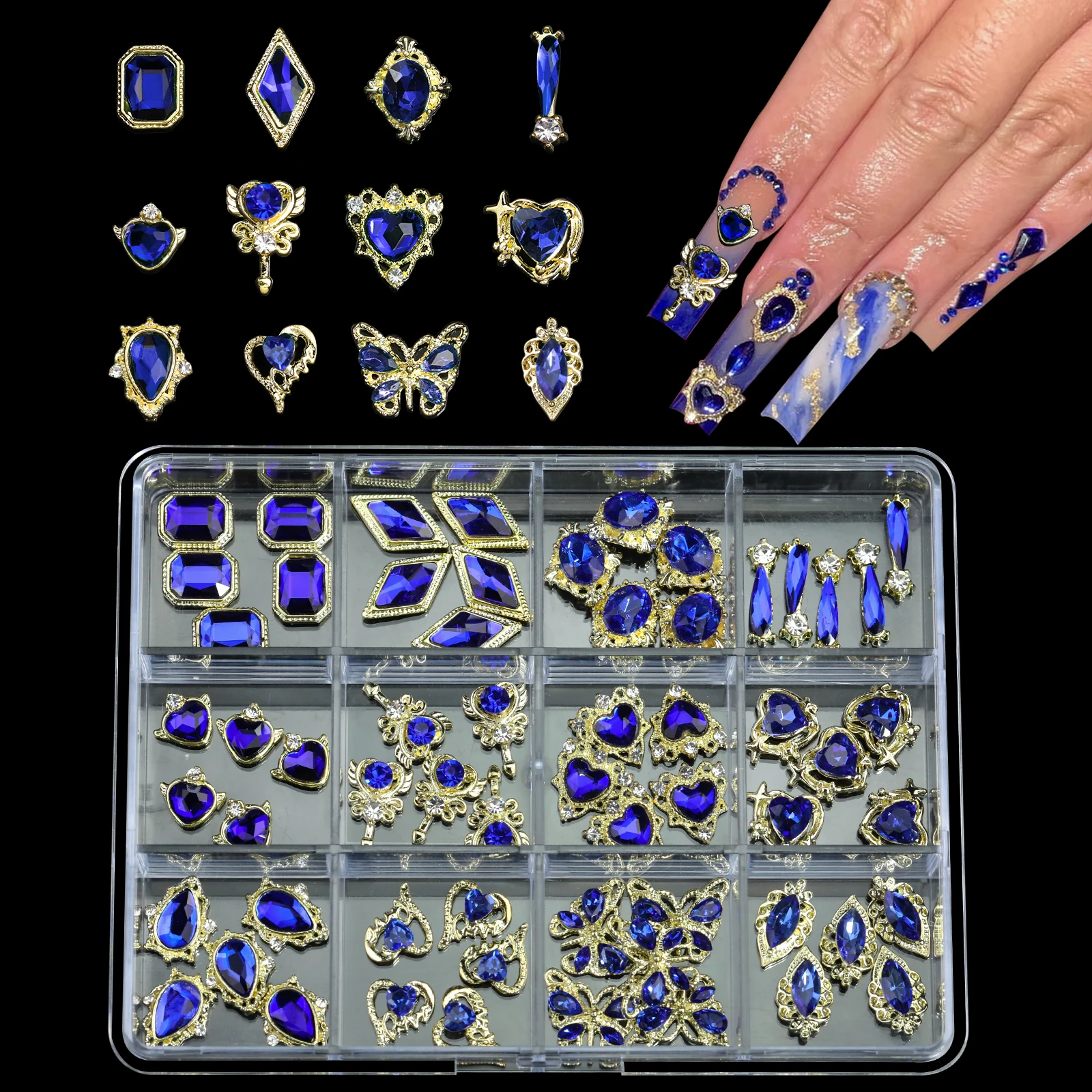 12-grid luxury alloy Klein blue glass diamond nail charms various styles of nail rhinestones suitable for DIY nail decoration