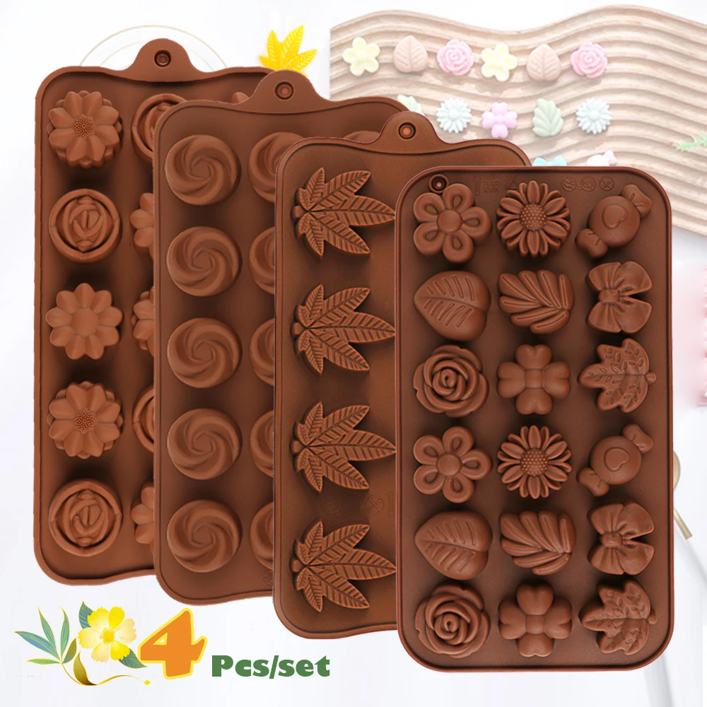 4 Flower-Shaped Chocolate Candy Molds Made of Silicone, Food-Grade Non-Stick Jelly Molds, Silicone Baking Molds, Including Shapes Such as Tulips, Roses, Maple Leaves, Etc