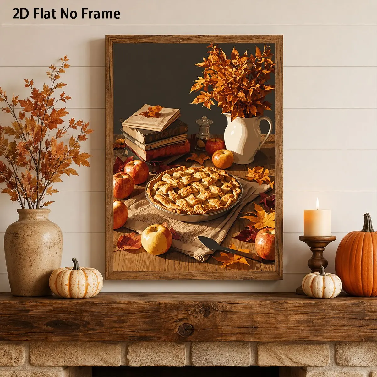 2D Flat, 2D Flat, 1pc Autumn Apple Pie Posters Halloween Rustic Wall Art Thanksgiving Unframed Canvas Printing Bedroom Kitche