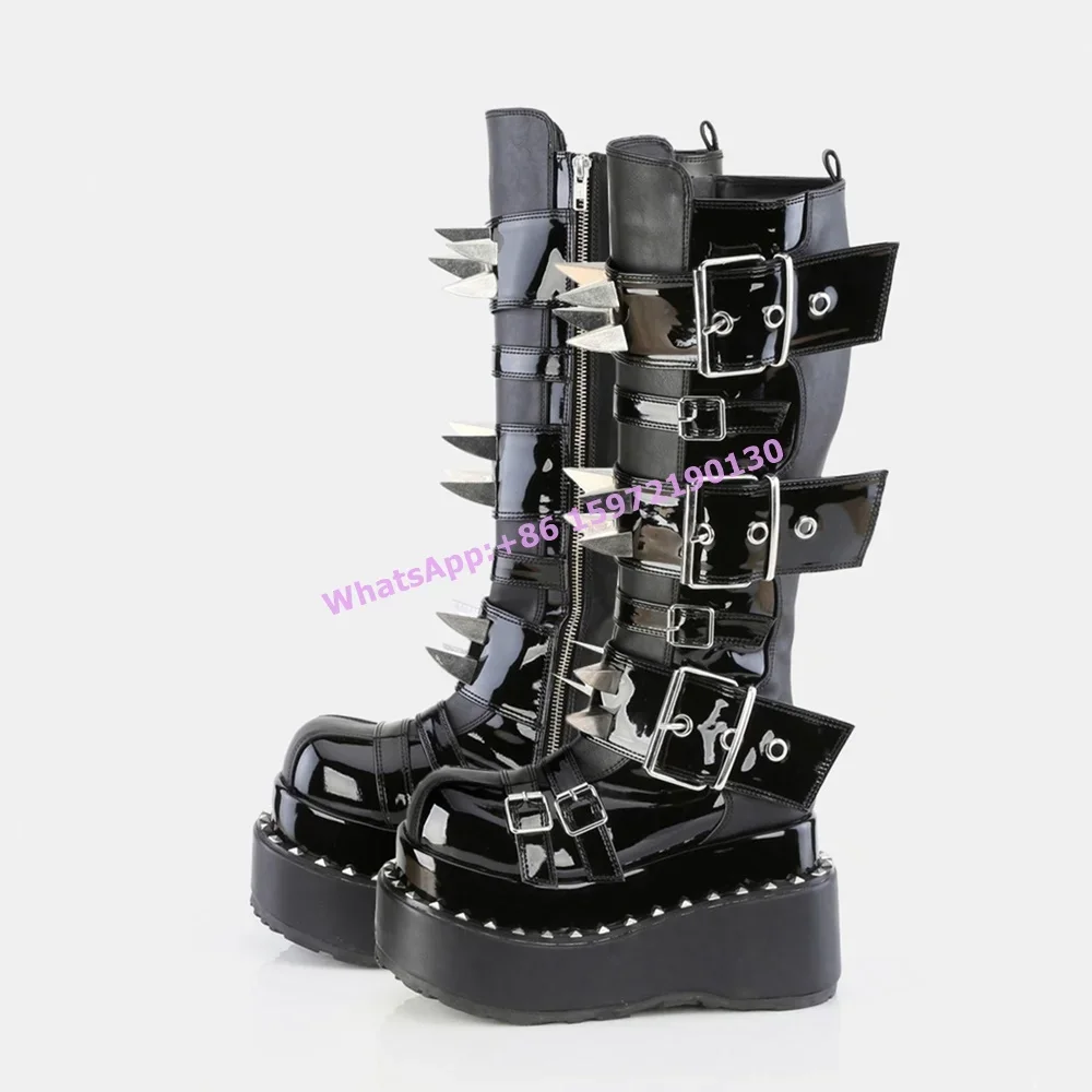 Spike Buckle Knee High Boots Platform Black Leather Multi Belt Gothic Rock Punk Style Knight Boots Hotties Sexy Motorcycle Shoes