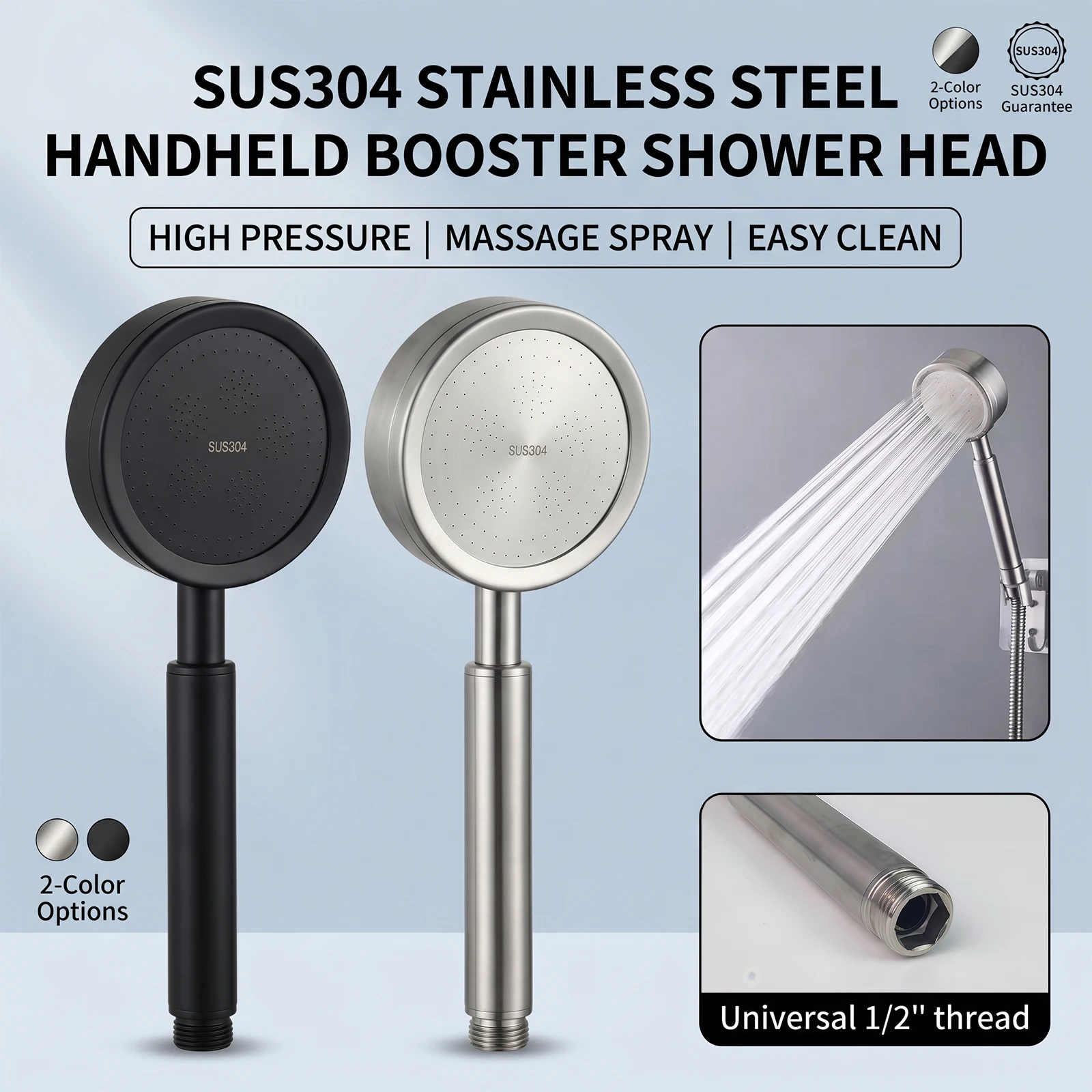 

304 Stainless Steel Handheld Shower Head High Pressure Booster Universal Connector Bathroom Shower Sprayer for Home Bath